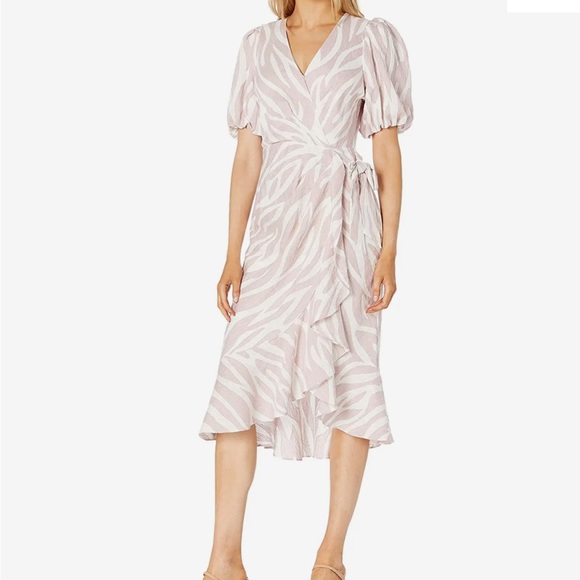 NWT Parker Wrap Dress Soft Zebra Midi Pink White Puff Sleeves 10